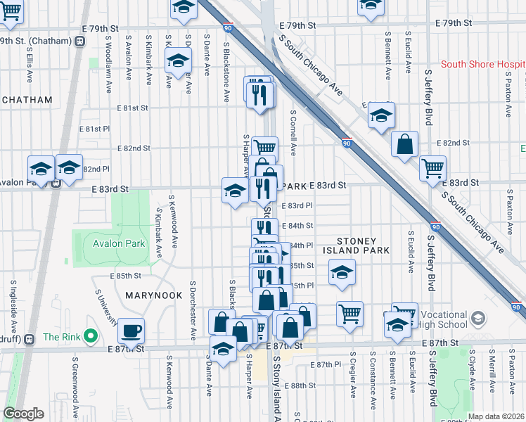 map of restaurants, bars, coffee shops, grocery stores, and more near 8338 South Stony Island Avenue in Chicago