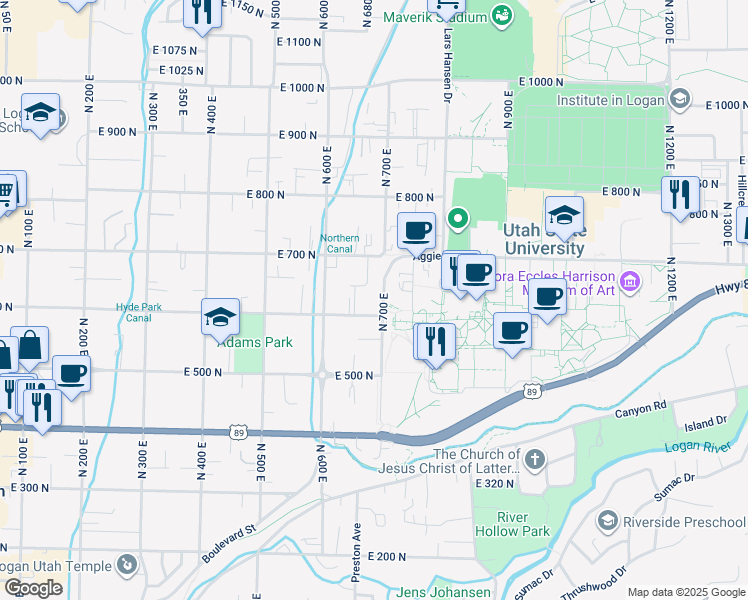 map of restaurants, bars, coffee shops, grocery stores, and more near 30 Hillside Circle in Logan