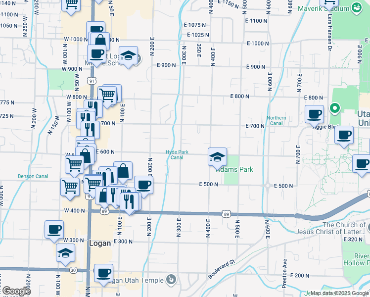 map of restaurants, bars, coffee shops, grocery stores, and more near 630 North 300 East in Logan