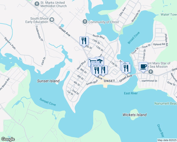 map of restaurants, bars, coffee shops, grocery stores, and more near 9 Ninth Street in Wareham