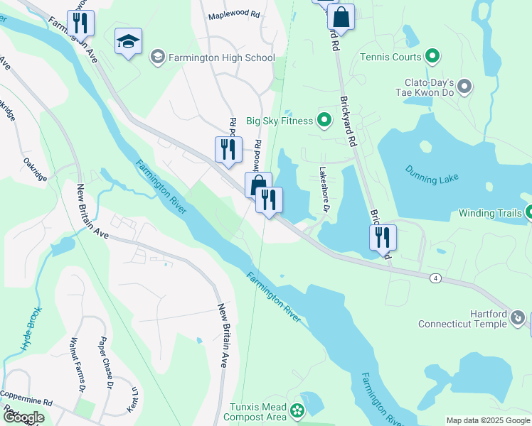 map of restaurants, bars, coffee shops, grocery stores, and more near 1387 Farmington Avenue in Farmington