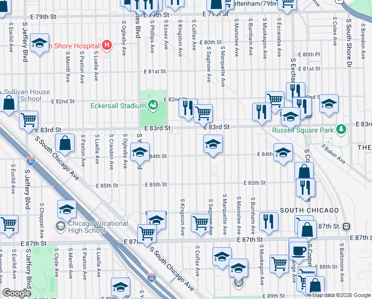 map of restaurants, bars, coffee shops, grocery stores, and more near 8336 South Kingston Avenue in Chicago