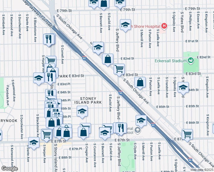 map of restaurants, bars, coffee shops, grocery stores, and more near 8337 South Anthony Avenue in Chicago