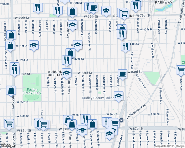 map of restaurants, bars, coffee shops, grocery stores, and more near 8253 South Carpenter Street in Chicago