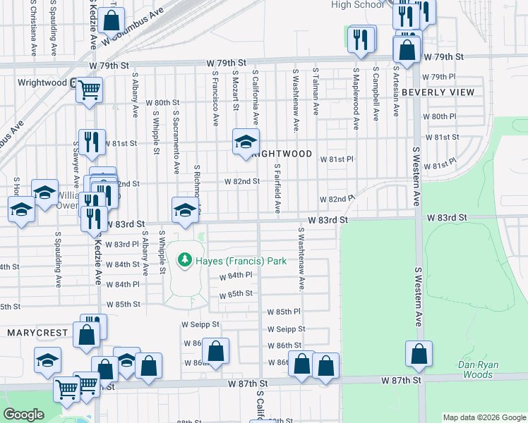 map of restaurants, bars, coffee shops, grocery stores, and more near 8232 South Fairfield Avenue in Chicago