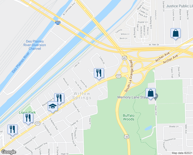 map of restaurants, bars, coffee shops, grocery stores, and more near 409 Blackstone Avenue in Willow Springs