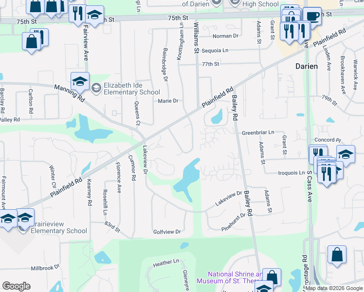 map of restaurants, bars, coffee shops, grocery stores, and more near 7957 Knottingham Circle in Darien