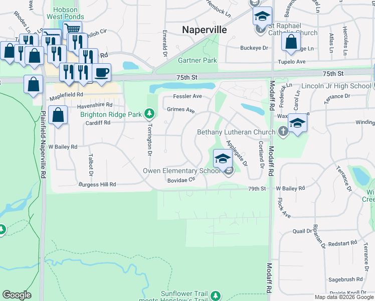 map of restaurants, bars, coffee shops, grocery stores, and more near 1444 Westglen Drive in Naperville