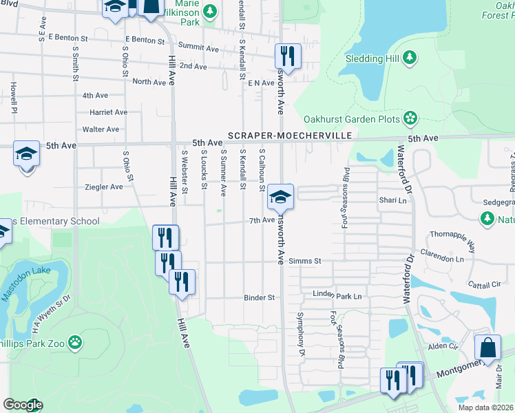 map of restaurants, bars, coffee shops, grocery stores, and more near 612 South Calhoun Street in Aurora