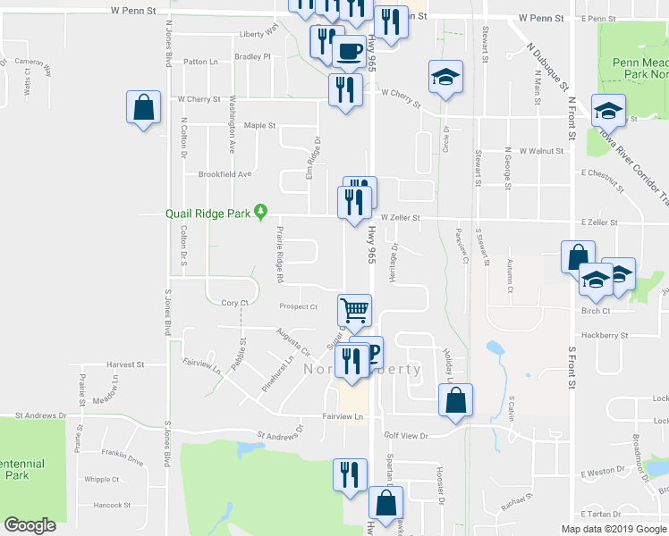 map of restaurants, bars, coffee shops, grocery stores, and more near 115 Sugar Creek Lane in North Liberty