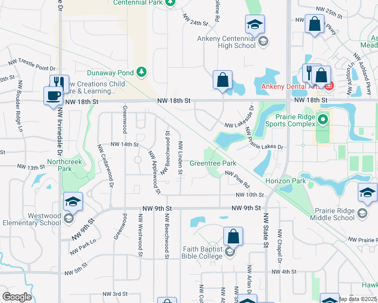 map of restaurants, bars, coffee shops, grocery stores, and more near 1217 Northwest Linden Street in Ankeny