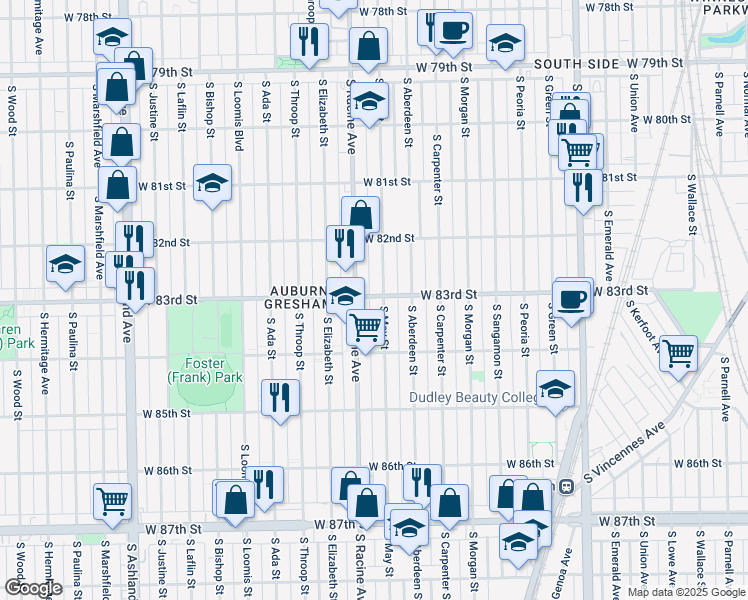 map of restaurants, bars, coffee shops, grocery stores, and more near 8254 South May Street in Chicago