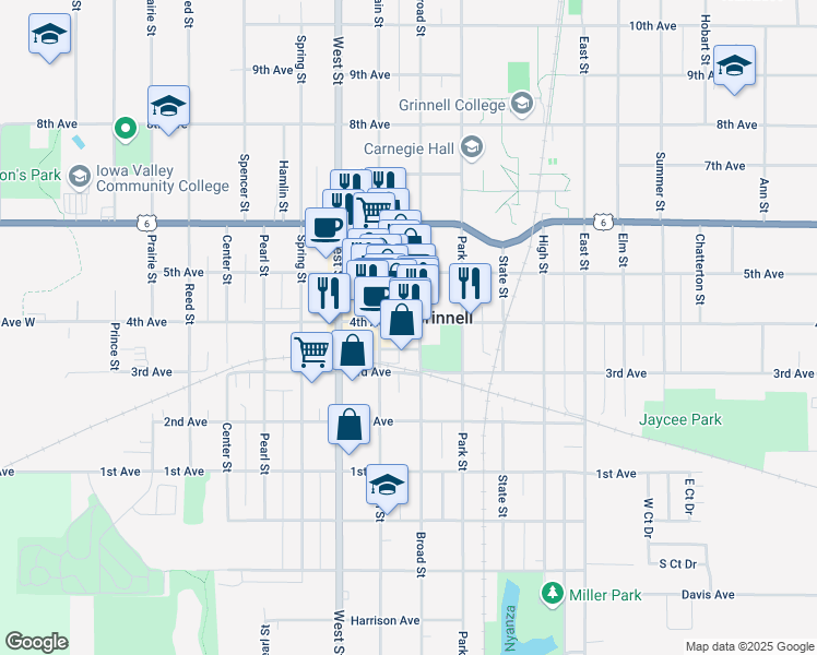 map of restaurants, bars, coffee shops, grocery stores, and more near 833 4th Avenue in Grinnell
