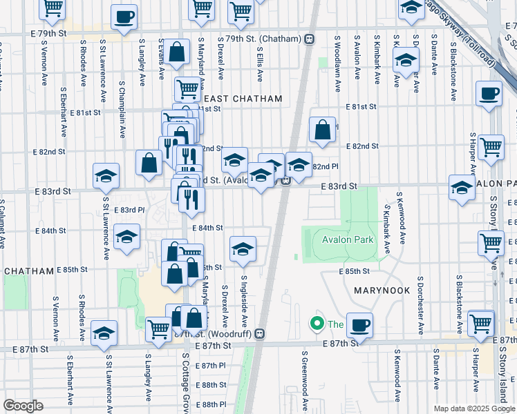 map of restaurants, bars, coffee shops, grocery stores, and more near 8326 South Ellis Avenue in Chicago