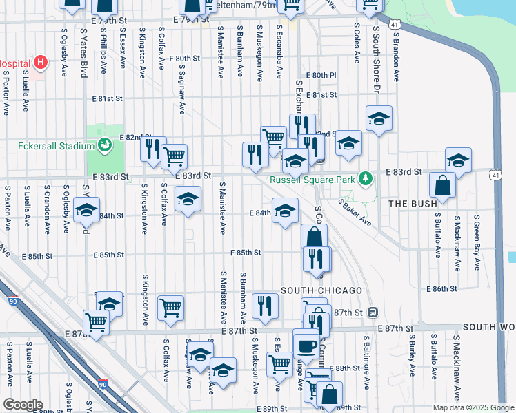 map of restaurants, bars, coffee shops, grocery stores, and more near 8350 South Muskegon Avenue in Chicago