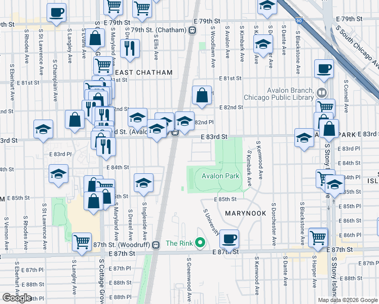 map of restaurants, bars, coffee shops, grocery stores, and more near 1030 East 83rd Street in Chicago