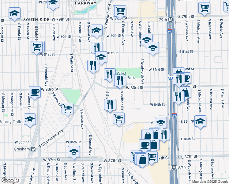 map of restaurants, bars, coffee shops, grocery stores, and more near 201 West 83rd Street in Chicago
