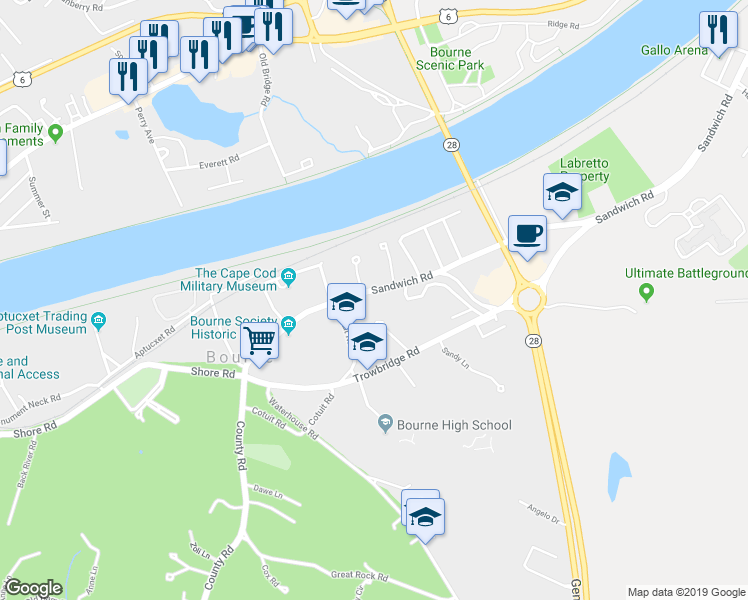 map of restaurants, bars, coffee shops, grocery stores, and more near 70 Sandwich Road in Bourne