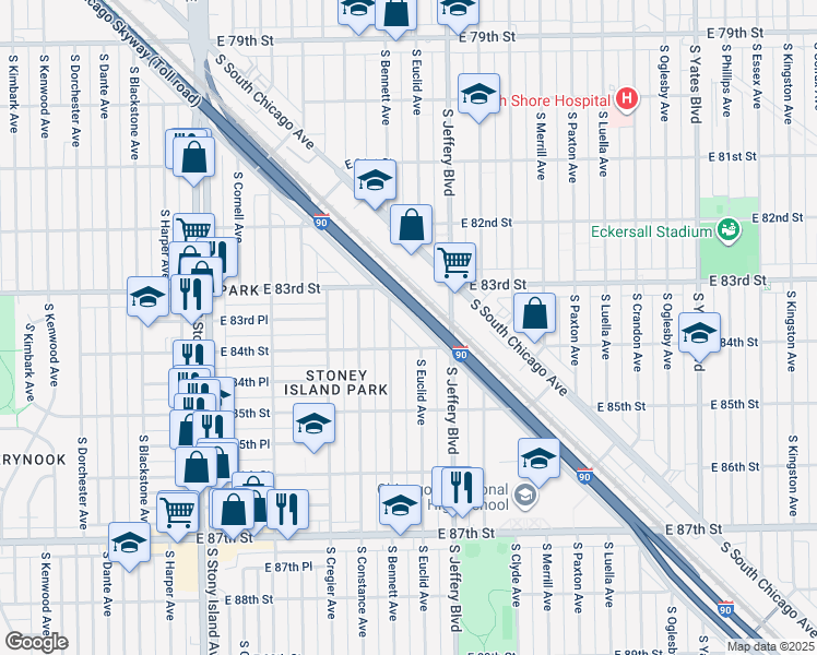 map of restaurants, bars, coffee shops, grocery stores, and more near 8337 South Anthony Avenue in Chicago