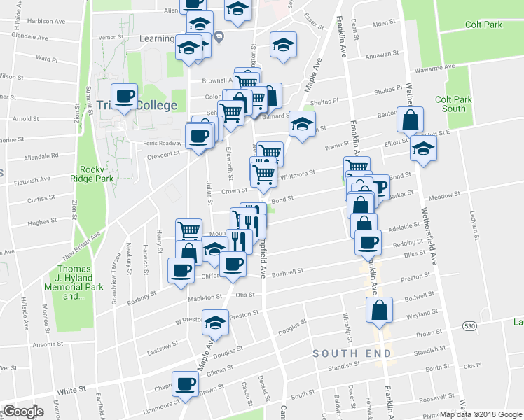 map of restaurants, bars, coffee shops, grocery stores, and more near Maple Avenue & King Street in Hartford