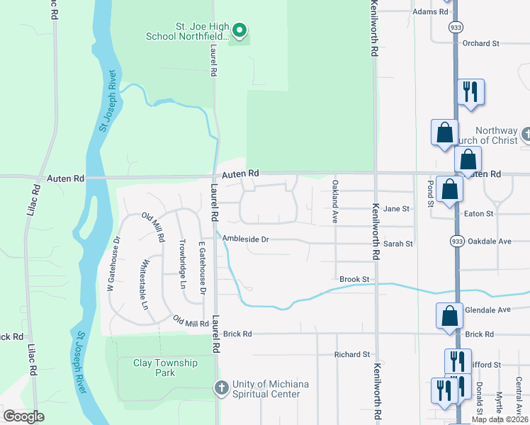map of restaurants, bars, coffee shops, grocery stores, and more near Ashwood Court in South Bend