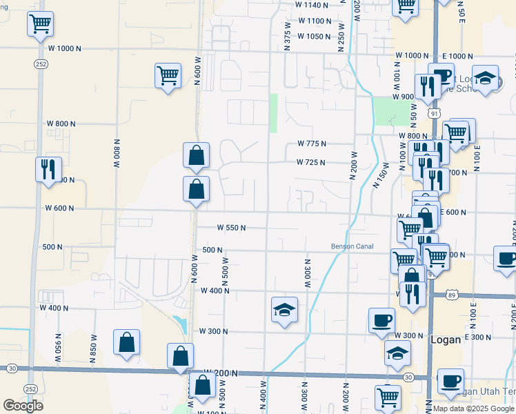 map of restaurants, bars, coffee shops, grocery stores, and more near 645 North Woodside Drive West in Logan