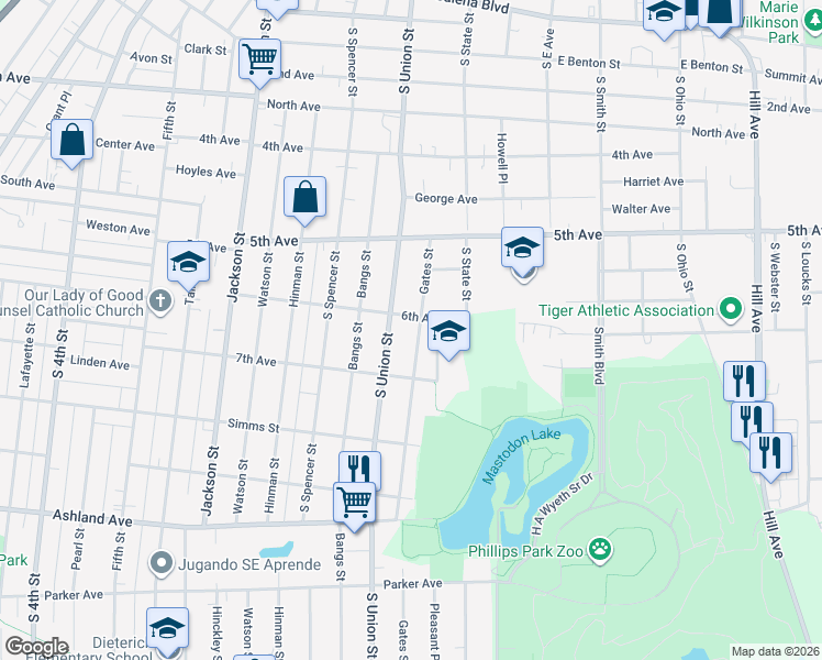 map of restaurants, bars, coffee shops, grocery stores, and more near 600 South Union Street in Aurora
