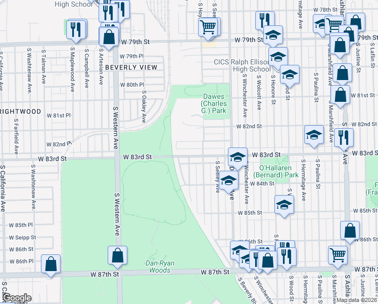 map of restaurants, bars, coffee shops, grocery stores, and more near 2127 West 82nd Place in Chicago
