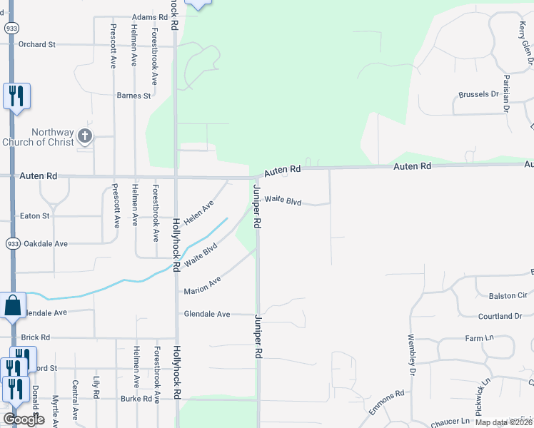 map of restaurants, bars, coffee shops, grocery stores, and more near 18800-18998 Waite Blvd in South Bend