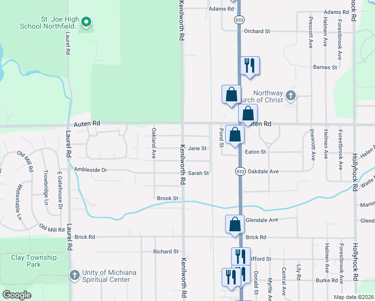 map of restaurants, bars, coffee shops, grocery stores, and more near 20015 Jane Street in South Bend