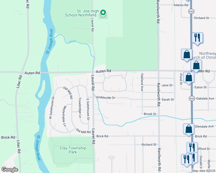 map of restaurants, bars, coffee shops, grocery stores, and more near 5102 Lindenwood Drive South in South Bend