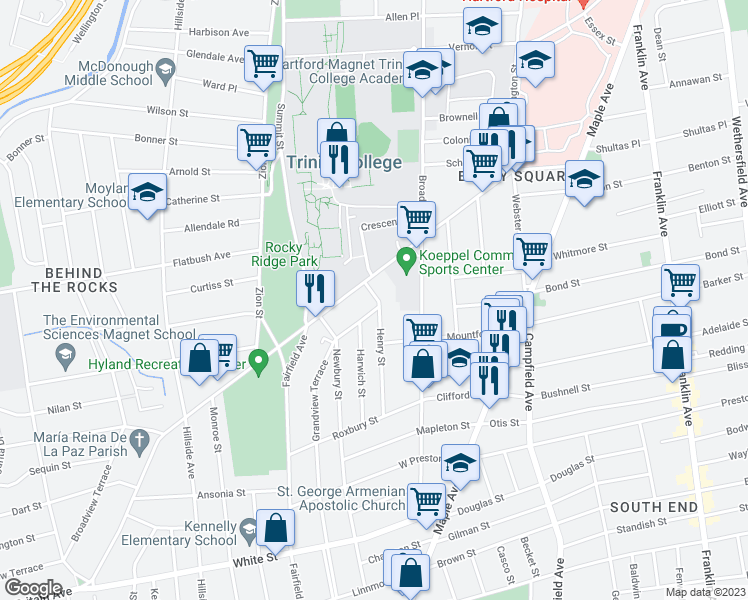 map of restaurants, bars, coffee shops, grocery stores, and more near 19 Henry Street in Hartford