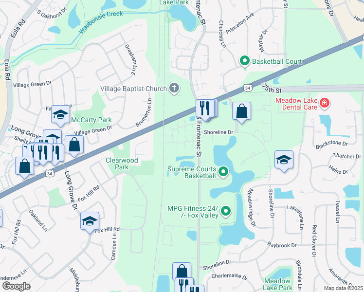 map of restaurants, bars, coffee shops, grocery stores, and more near 3385 Ravinia Circle in Aurora