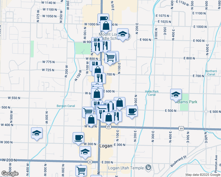 map of restaurants, bars, coffee shops, grocery stores, and more near 629 North 100 East in Logan