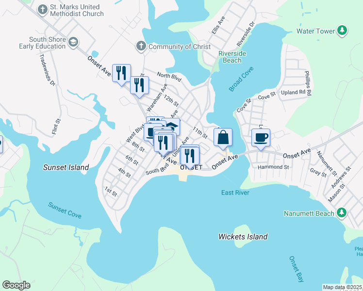 map of restaurants, bars, coffee shops, grocery stores, and more near in Wareham