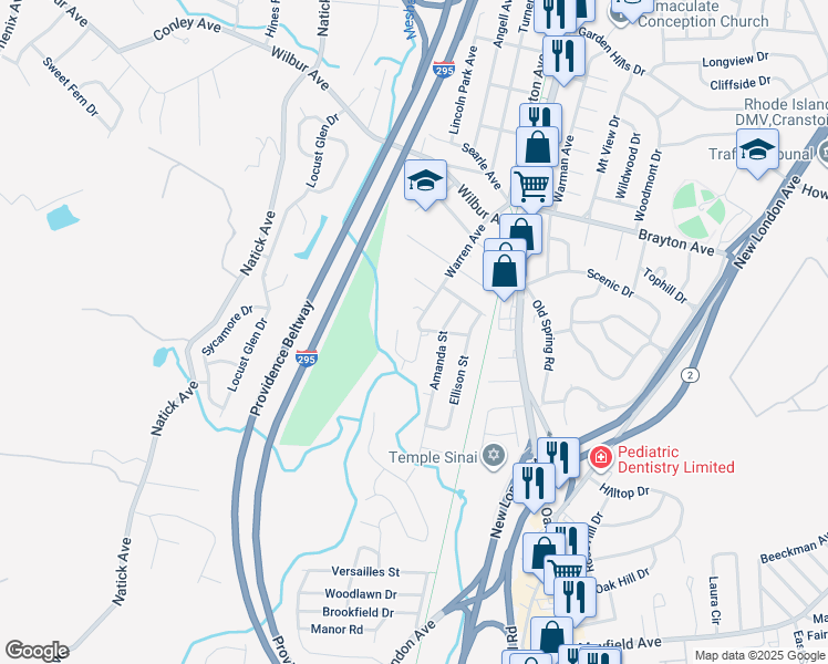 map of restaurants, bars, coffee shops, grocery stores, and more near 107 Warren Avenue in Cranston