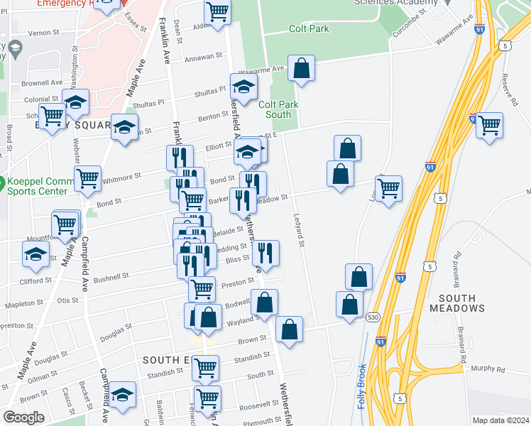 map of restaurants, bars, coffee shops, grocery stores, and more near 5 Meadow Street in Hartford