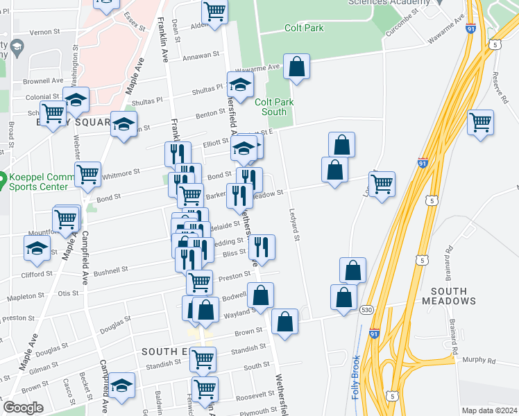 map of restaurants, bars, coffee shops, grocery stores, and more near 5 Meadow Street in Hartford