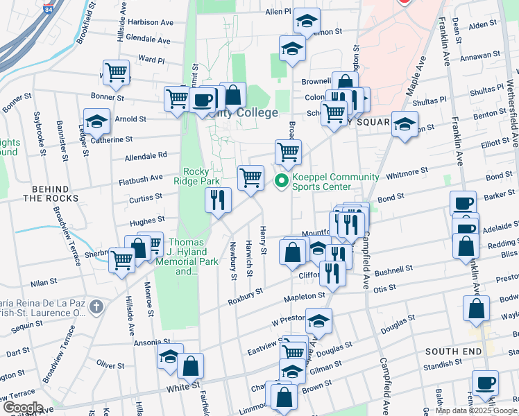 map of restaurants, bars, coffee shops, grocery stores, and more near 16 Henry Street in Hartford