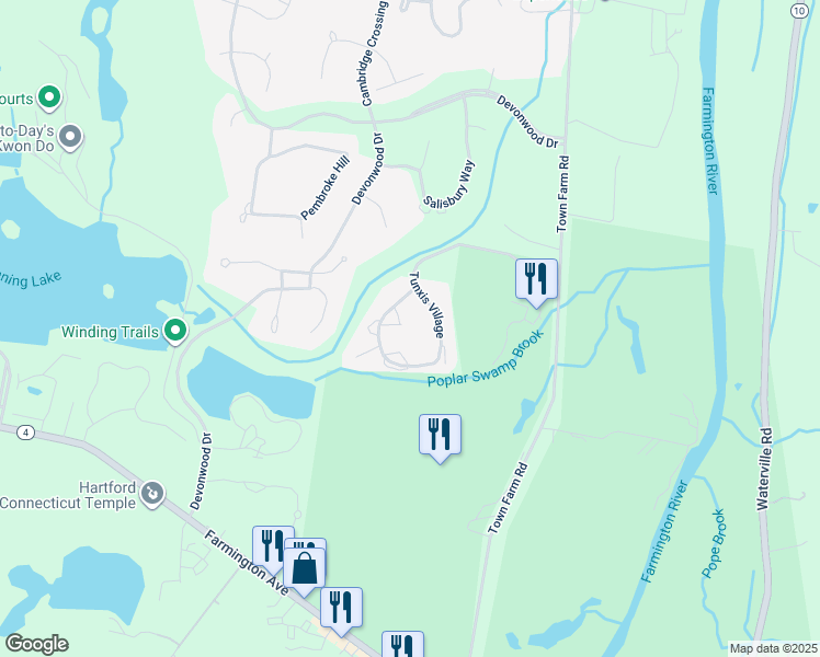 map of restaurants, bars, coffee shops, grocery stores, and more near 152 Tunxis Village in Farmington