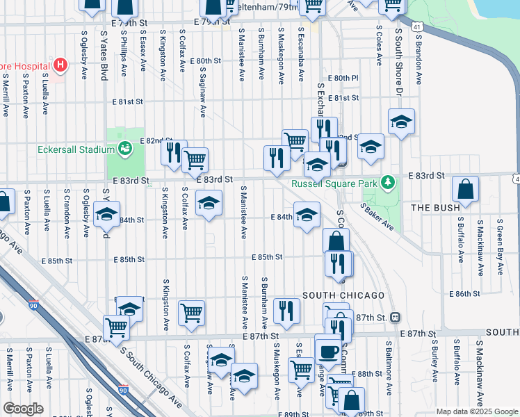 map of restaurants, bars, coffee shops, grocery stores, and more near 8334 South Burnham Avenue in Chicago