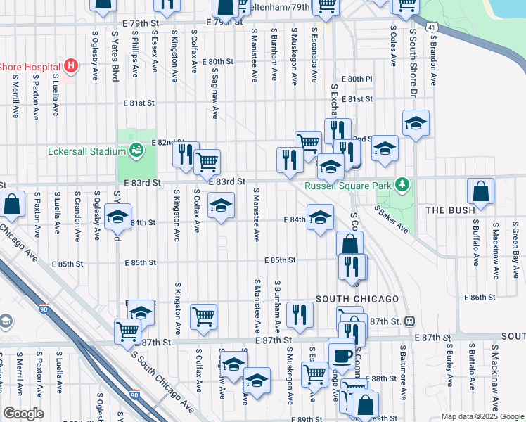 map of restaurants, bars, coffee shops, grocery stores, and more near 8334 South Burnham Avenue in Chicago