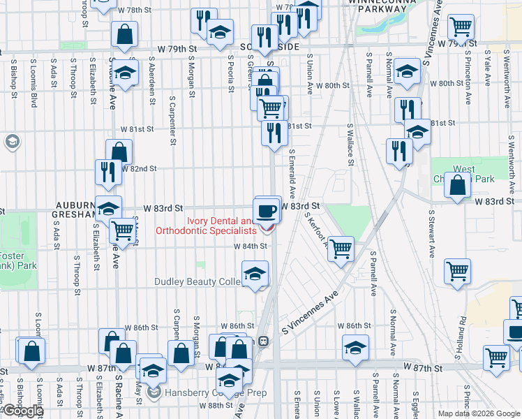 map of restaurants, bars, coffee shops, grocery stores, and more near 8259 South Green Street in Chicago