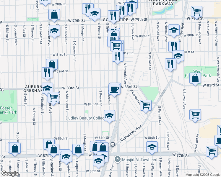 map of restaurants, bars, coffee shops, grocery stores, and more near 8259 South Green Street in Chicago