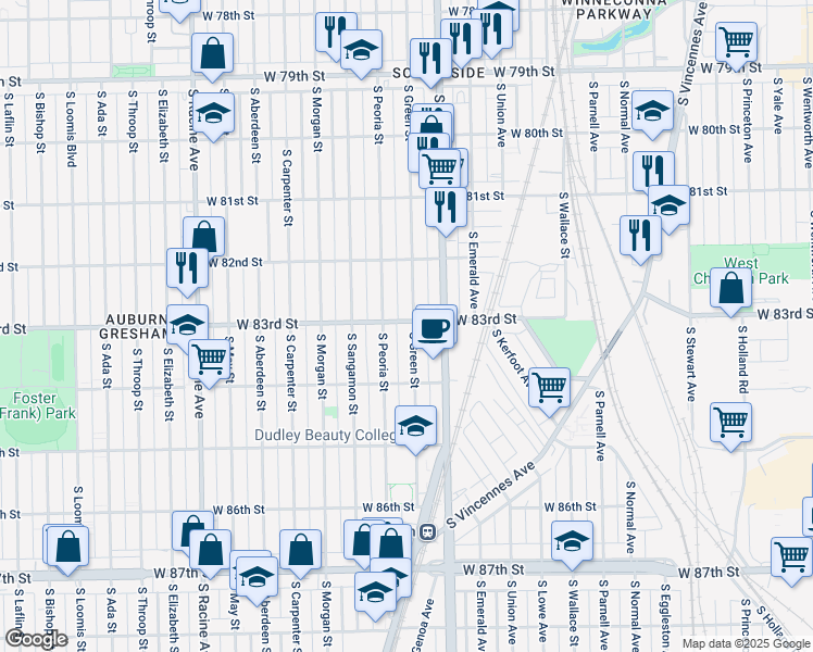 map of restaurants, bars, coffee shops, grocery stores, and more near 8259 South Green Street in Chicago