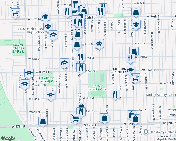 map of restaurants, bars, coffee shops, grocery stores, and more near 8253 South Justine Street in Chicago