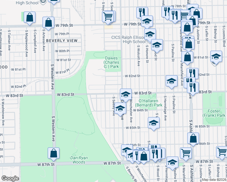 map of restaurants, bars, coffee shops, grocery stores, and more near 8242 South Damen Avenue in Chicago