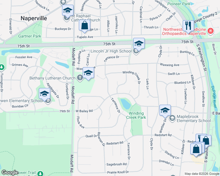 map of restaurants, bars, coffee shops, grocery stores, and more near 1419 Terrance Drive in Naperville