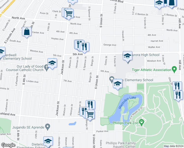 map of restaurants, bars, coffee shops, grocery stores, and more near 602 Bangs Street in Aurora