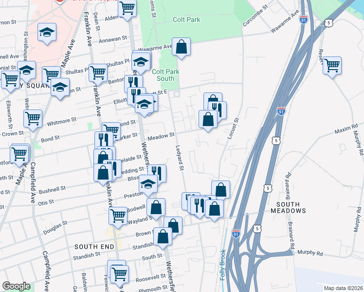 map of restaurants, bars, coffee shops, grocery stores, and more near 85B Meadow Street in Hartford